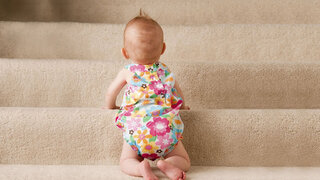 Baby krabbelt die Treppe rauf