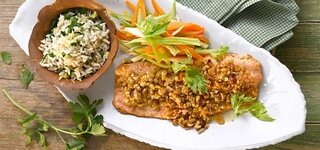 Gebackene Lachsforelle auf Wurzelgemüse mit Zitronenreis