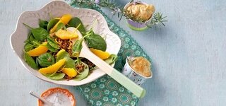 Spinat-Salat mit Berglinsen und Karotten-Törtchen Dip