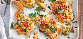 Pizza-Schnitzel mit Ofenkartoffeln