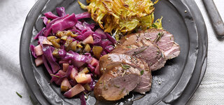Entenbrust mit Apfel-Maronen-Rotkohl und Rösti