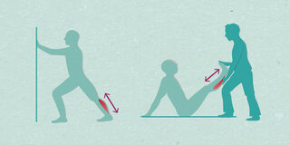 Bei Wadenkrämpfen hilft Dehnung. Links: Im Ausfallschritt an der Wand abstützen, Fersen auf den Boden. Rechts: Fußspitze anziehen, Partner unterstützt mit sanftem Druck.