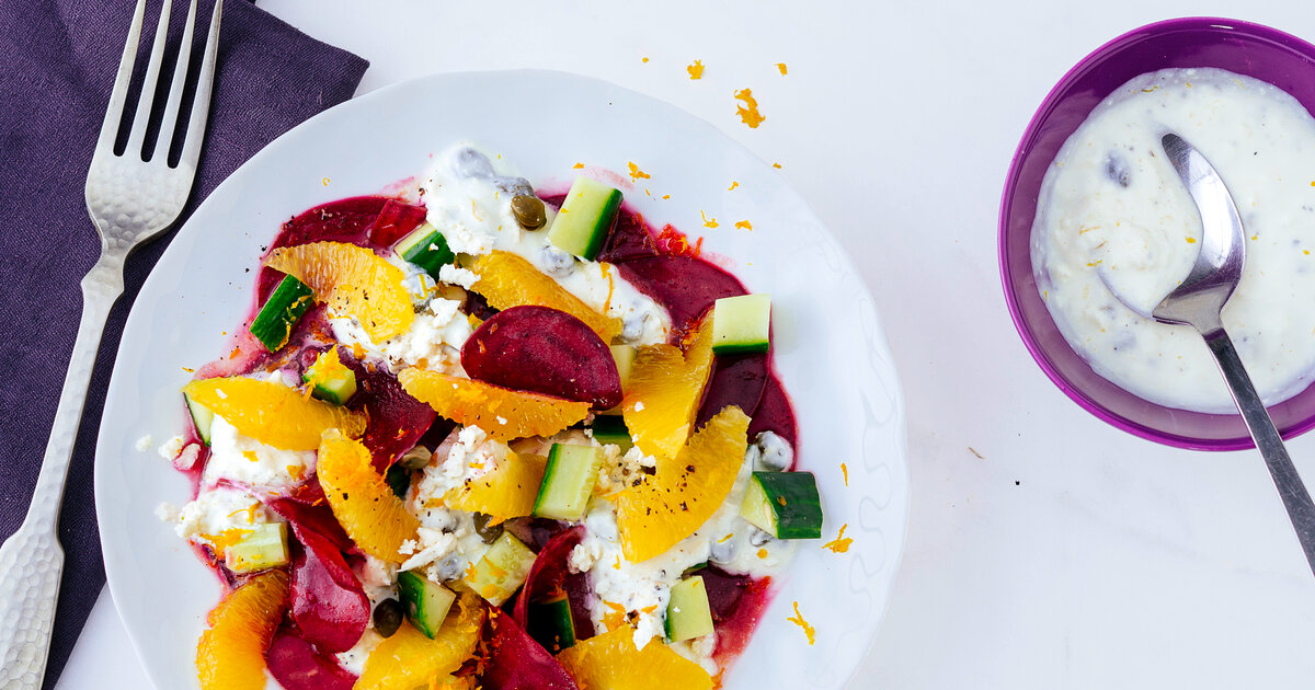 Rote-Bete-Salat mit Orangenfilets und Knoblauch-Zitronen-Dip ...