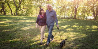 Demenz vorbeugen Paar Senioren Gehen Spaziergang Wiese Sonnenuntergang Hund Leine Gemeinsam Arm umlegen Lichteinfall Herbstlich