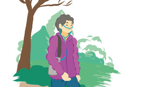 Illustration: Seniorin mit Beatmungsgerät spaziert durch den Wald