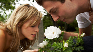 Mann und Frau riechen an Blume