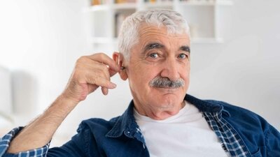 Ein Mann setzt sein Hörgerät ins Ohr.
