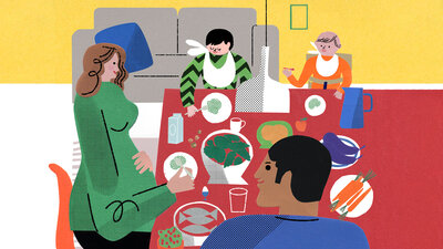 Eine Illustration zeigt ein Elternpaar, das mit zwei Kindern am gedeckten Esstisch sitzt.