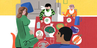 Eine Illustration zeigt ein Elternpaar, das mit zwei Kindern am gedeckten Esstisch sitzt.