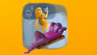 Eine Illustration zeigt ein Paar: er räkelt sich entspannt, sie liest schlecht gelaunt in einem Buch über Diabetes.