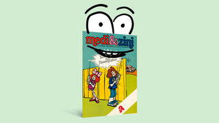 Eine Illustration zeigt ein altes Medi & Zini-Heft mit comicartigen Augen.