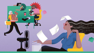 Eine Illustration zeigt mehrere Frauen in Arbeitssituationen, die an Wechseljahrsbeschwerden wie Hitzewallungen leiden.