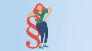 Eine Illustration zeigt eine Frau, die sich an ein überdimensionales Pragraphensymbol lehnt.