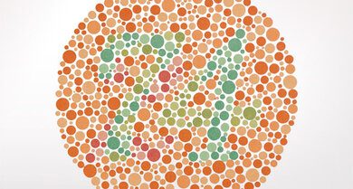 Ishihara-Test: Ein Normalsichtiger erkennt auf dem Bild die Zahl 74, ein Mensch mit Grünschwäche eine 11, da die schwächeren Punkte nicht gesehen werden.