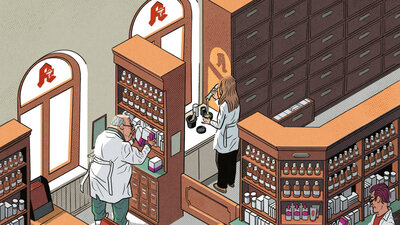 Eine Illustration zeigt einen Apothekerin und einen Apotheker bei der Arbeit.
