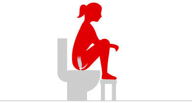 Stellen Sie Ihre Füße während des Stuhlgangs auf einen Toilettenhocker. Das erleichtert den Stuhlgang.