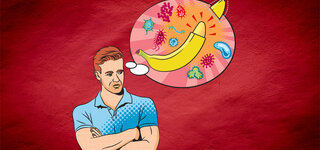 Illustration Mann mit Sprechblase Gedanken zum Thema Vorhaut-Beschneidung