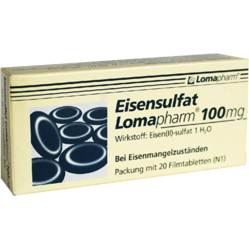 Verpackungsbild(Packshot) von EISENSULFAT Lomapharm 100 mg Filmtabletten