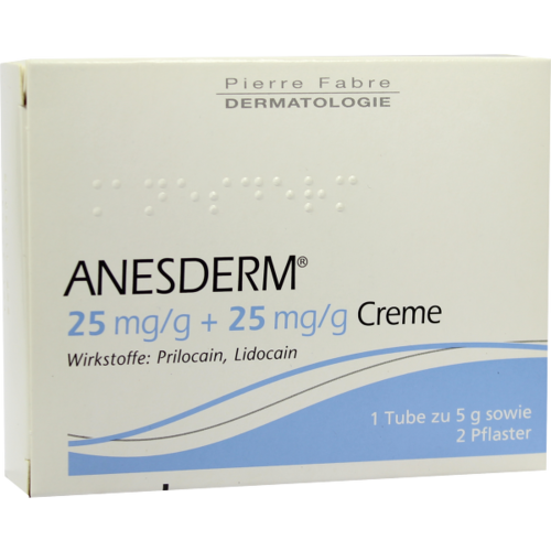 Verpackungsbild(Packshot) von ANESDERM 25 mg/g + 25 mg/g Creme + 2 Pflaster