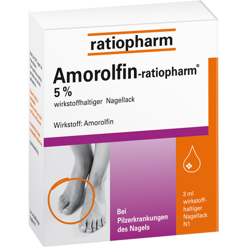 Verpackungsbild(Packshot) von AMOROLFIN-ratiopharm 5% wirkstoffhalt.Nagellack