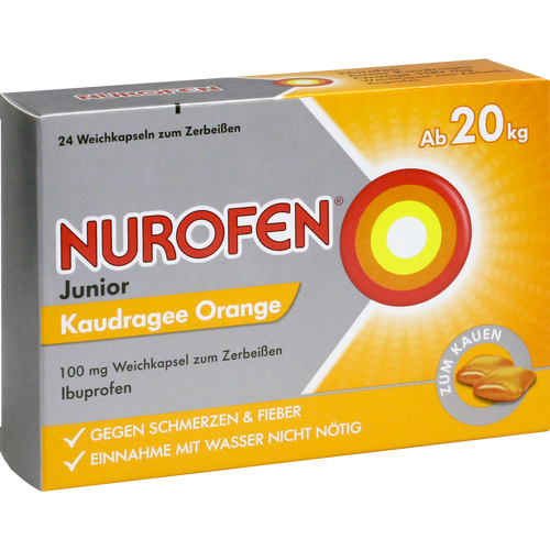 Verpackungsbild(Packshot) von NUROFEN Junior Kaudragee Orange 100 mg